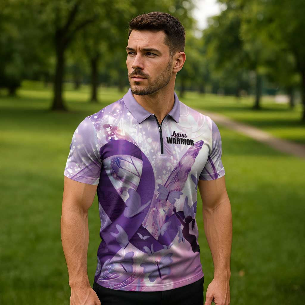 Personalized Polynesian Lupus Awareness Zipper Polo Shirt Butterfly Hologram Lupus Warrior