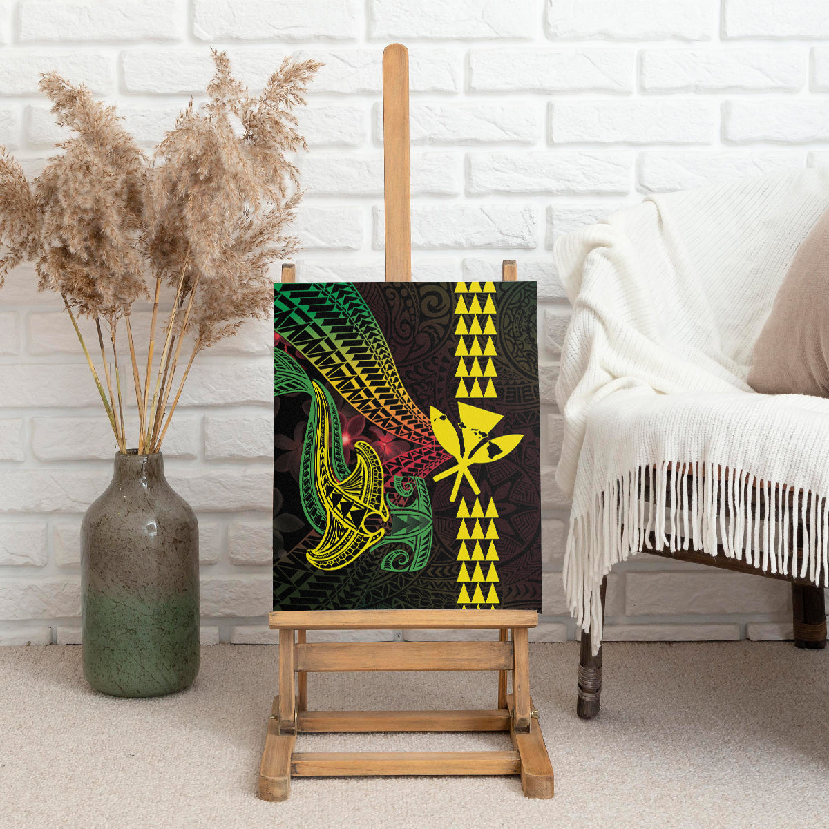 Hawaii Kakau Hammerhead Shark Canvas Wall Art Neon Plumeria Pattern