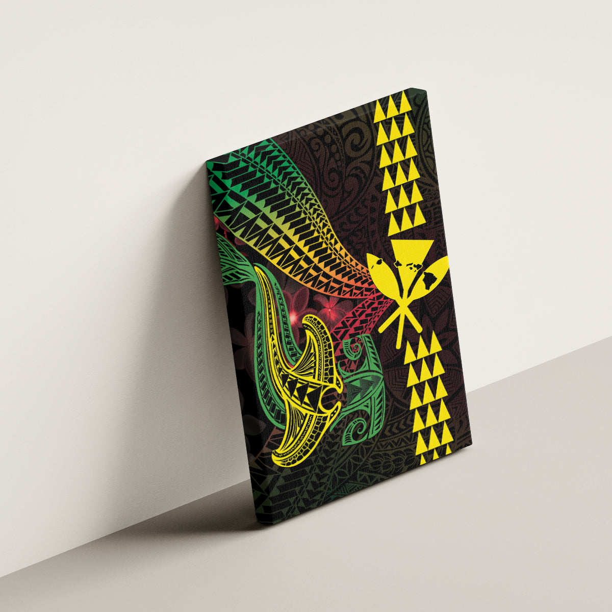 Hawaii Kakau Hammerhead Shark Canvas Wall Art Neon Plumeria Pattern