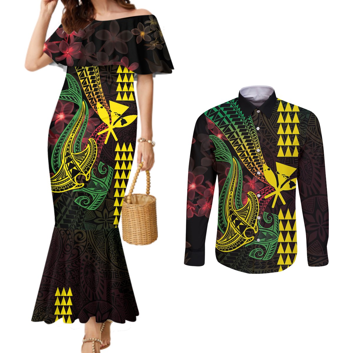 Hawaii Kakau Hammerhead Shark Couples Matching Mermaid Dress and Long Sleeve Button Shirt Neon Plumeria Pattern