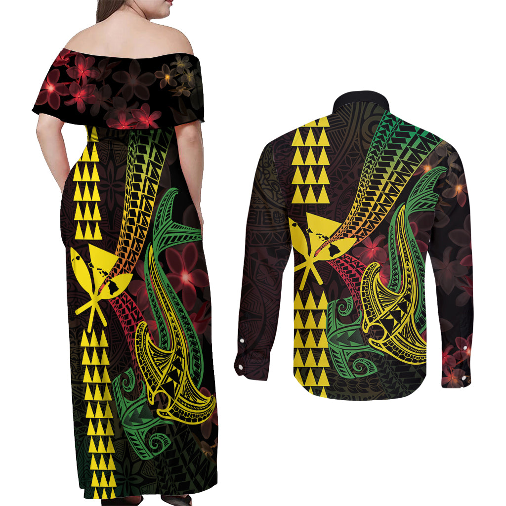 Hawaii Kakau Hammerhead Shark Couples Matching Off Shoulder Maxi Dress and Long Sleeve Button Shirt Neon Plumeria Pattern