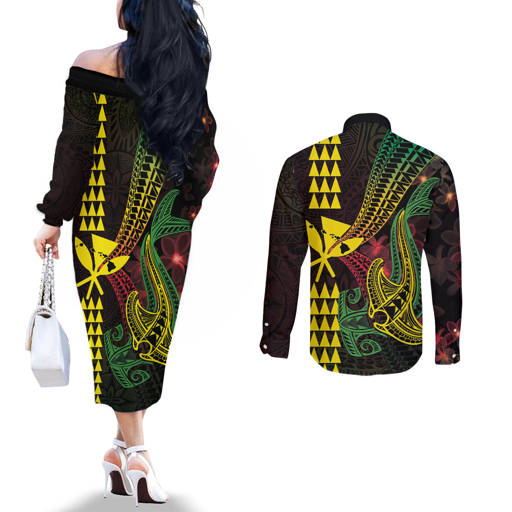 Hawaii Kakau Hammerhead Shark Couples Matching Off The Shoulder Long Sleeve Dress and Long Sleeve Button Shirt Neon Plumeria Pattern