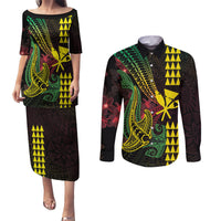 Hawaii Kakau Hammerhead Shark Couples Matching Puletasi and Long Sleeve Button Shirt Neon Plumeria Pattern