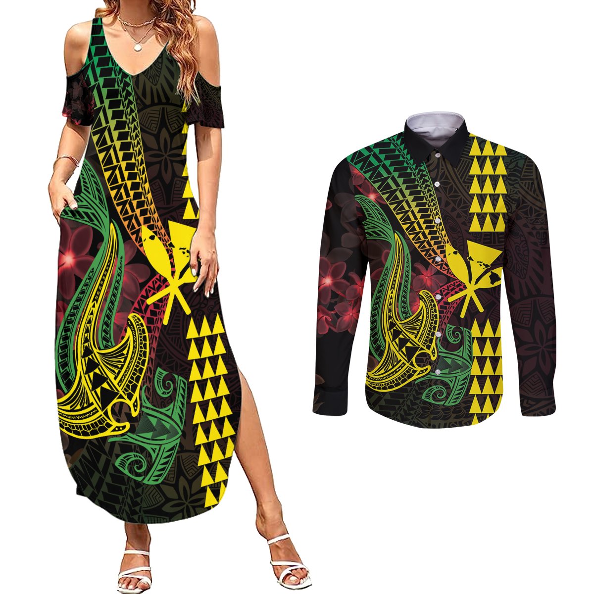 Hawaii Kakau Hammerhead Shark Couples Matching Summer Maxi Dress and Long Sleeve Button Shirt Neon Plumeria Pattern