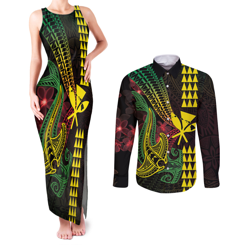 Hawaii Kakau Hammerhead Shark Couples Matching Tank Maxi Dress and Long Sleeve Button Shirt Neon Plumeria Pattern