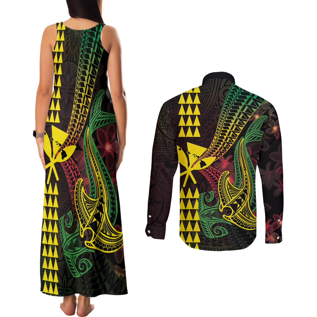 Hawaii Kakau Hammerhead Shark Couples Matching Tank Maxi Dress and Long Sleeve Button Shirt Neon Plumeria Pattern