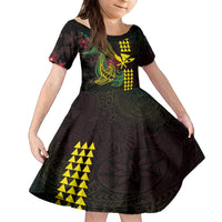 Hawaii Kakau Hammerhead Shark Family Matching Long Sleeve Bodycon Dress and Hawaiian Shirt Neon Plumeria Pattern LT01 Daughter's Dress Black - Polynesian Pride
