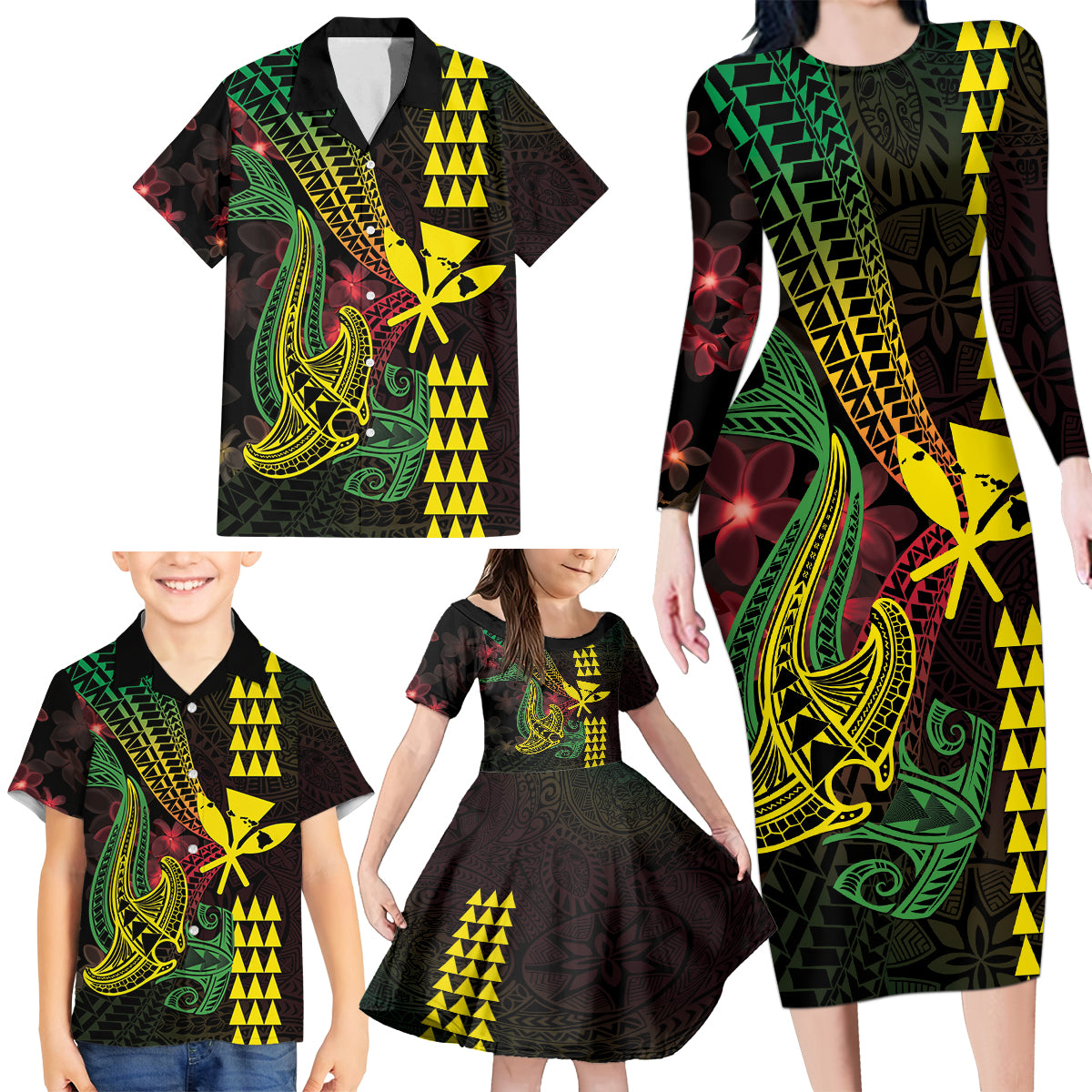 Hawaii Kakau Hammerhead Shark Family Matching Long Sleeve Bodycon Dress and Hawaiian Shirt Neon Plumeria Pattern LT01 - Polynesian Pride