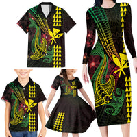 Hawaii Kakau Hammerhead Shark Family Matching Long Sleeve Bodycon Dress and Hawaiian Shirt Neon Plumeria Pattern LT01 - Polynesian Pride