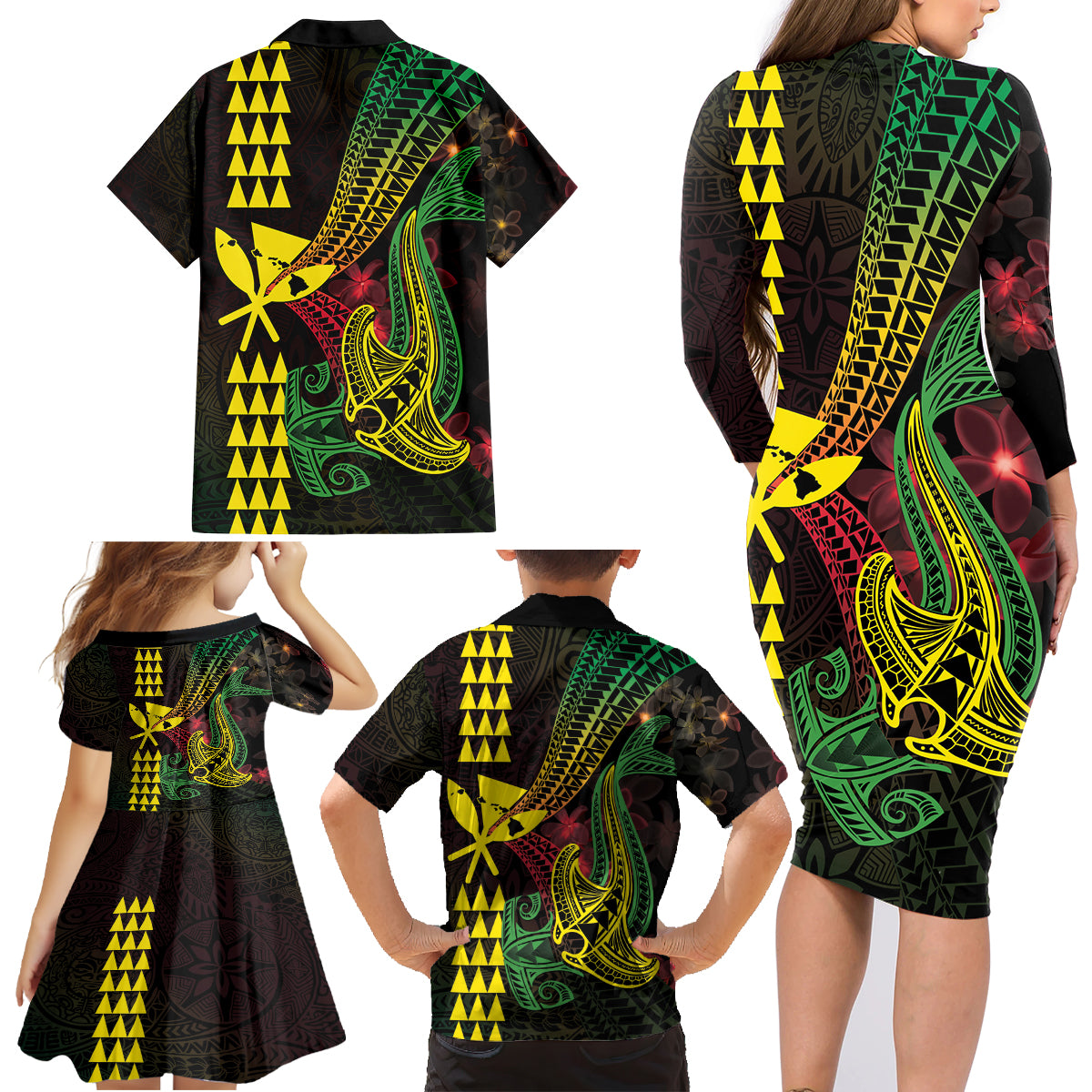 Hawaii Kakau Hammerhead Shark Family Matching Long Sleeve Bodycon Dress and Hawaiian Shirt Neon Plumeria Pattern LT01 - Polynesian Pride