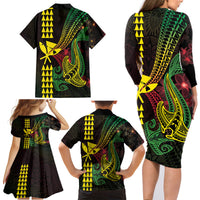 Hawaii Kakau Hammerhead Shark Family Matching Long Sleeve Bodycon Dress and Hawaiian Shirt Neon Plumeria Pattern LT01 - Polynesian Pride