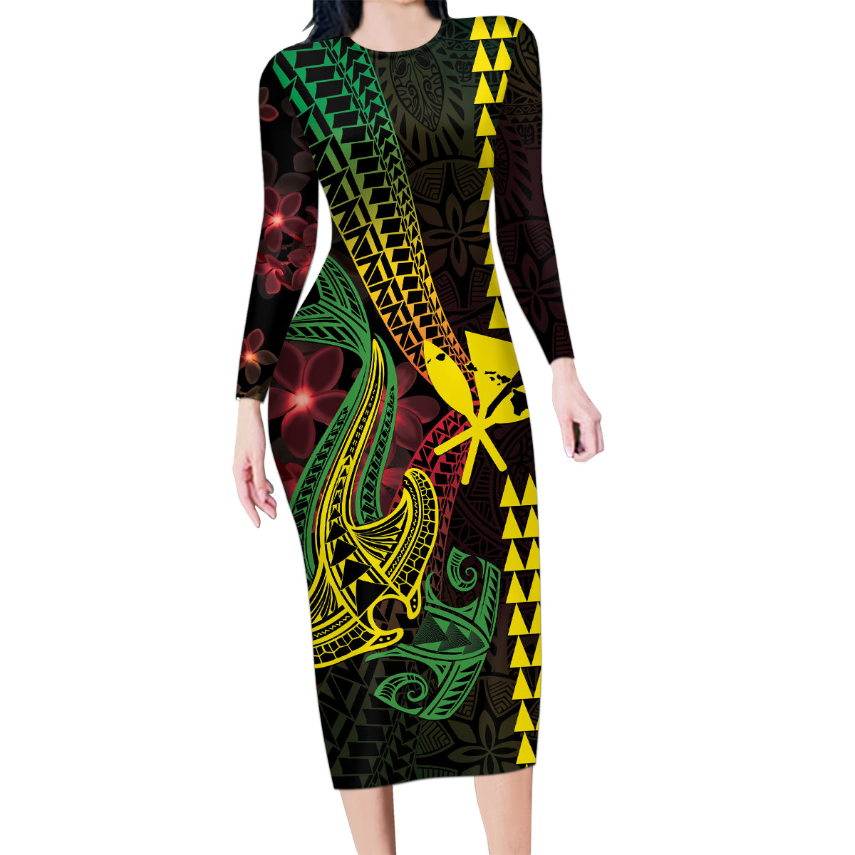 Hawaii Kakau Hammerhead Shark Family Matching Long Sleeve Bodycon Dress and Hawaiian Shirt Neon Plumeria Pattern LT01 Mom's Dress Black - Polynesian Pride