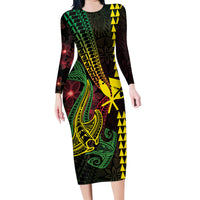 Hawaii Kakau Hammerhead Shark Family Matching Long Sleeve Bodycon Dress and Hawaiian Shirt Neon Plumeria Pattern LT01 Mom's Dress Black - Polynesian Pride