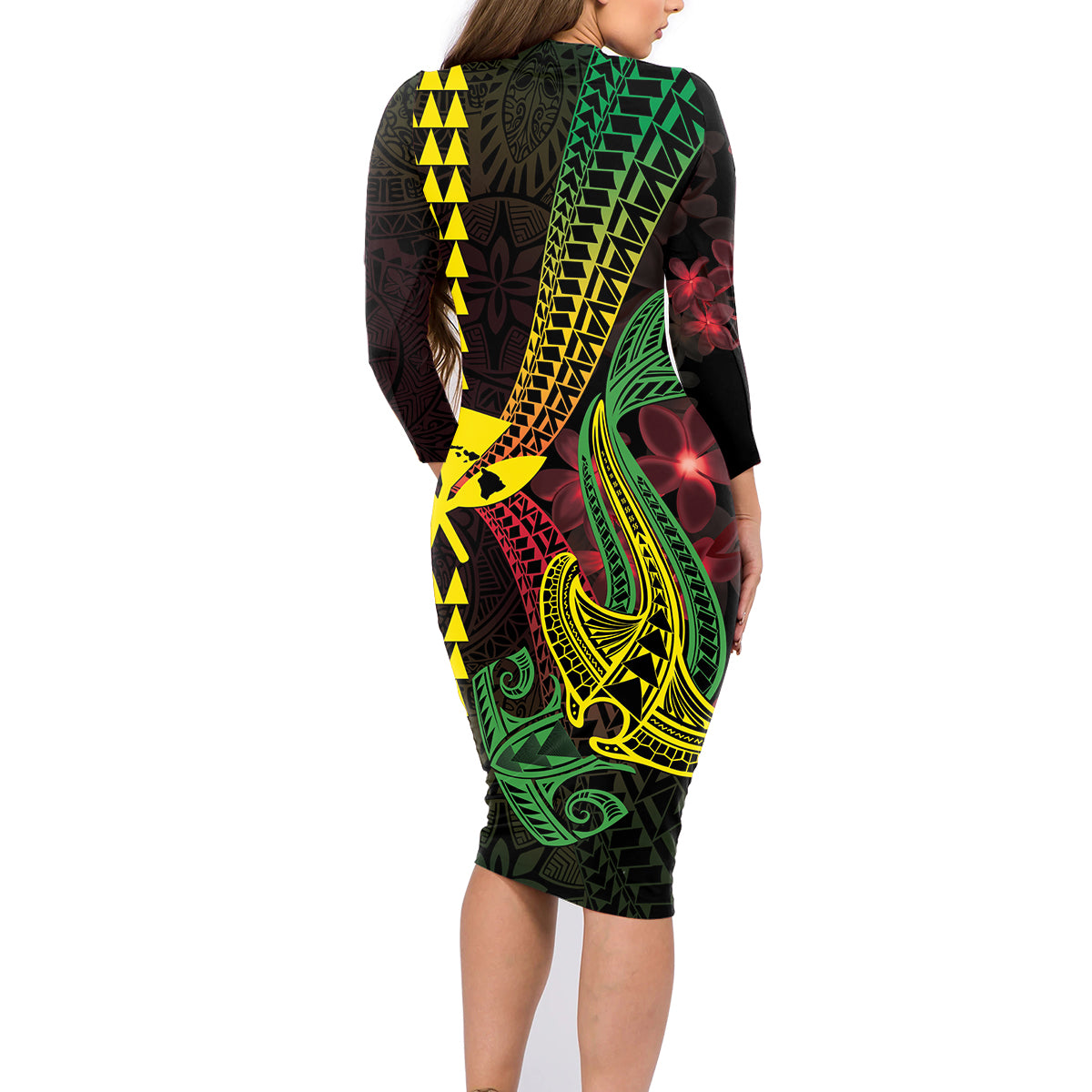 Hawaii Kakau Hammerhead Shark Family Matching Long Sleeve Bodycon Dress and Hawaiian Shirt Neon Plumeria Pattern LT01 - Polynesian Pride