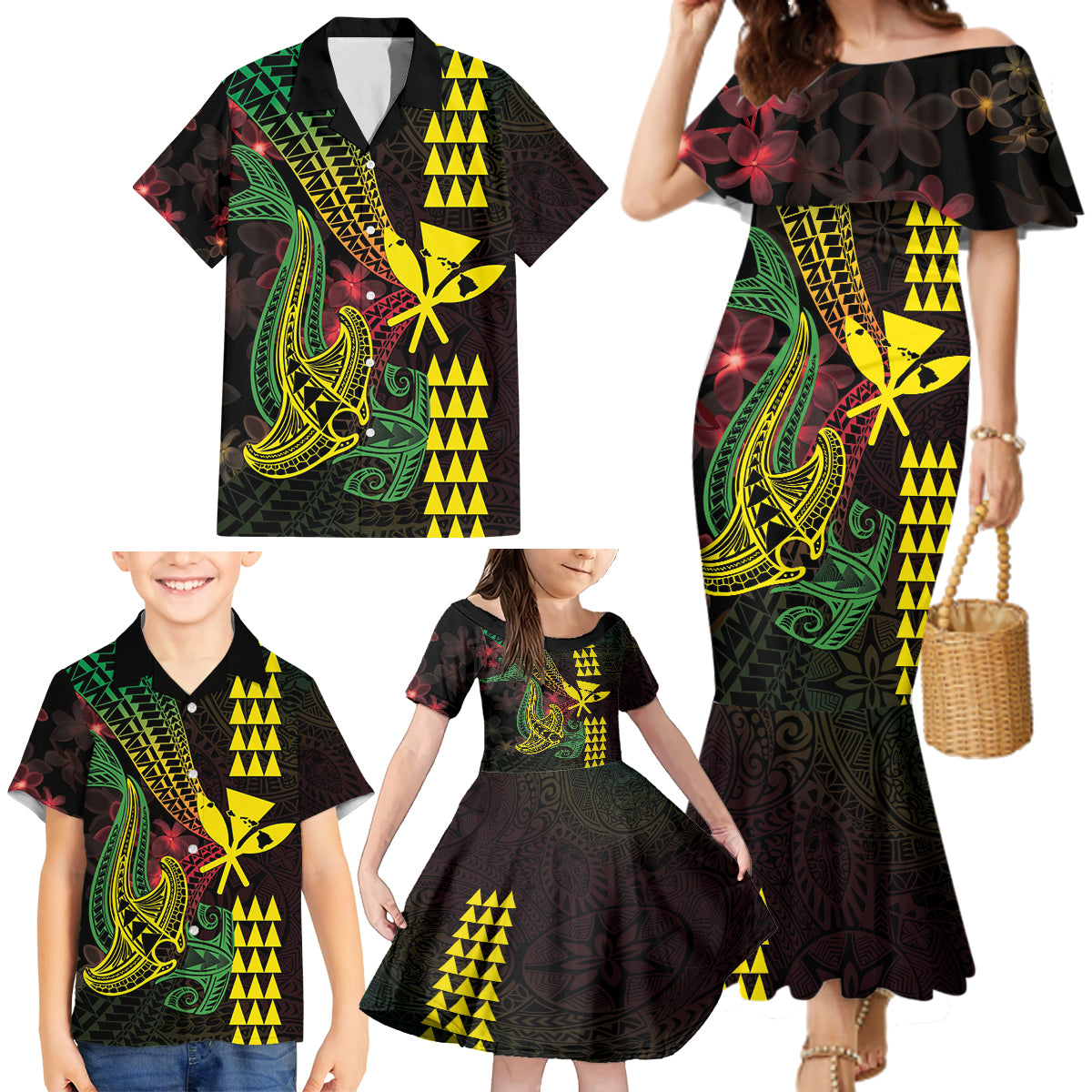 Hawaii Kakau Hammerhead Shark Family Matching Mermaid Dress and Hawaiian Shirt Neon Plumeria Pattern LT01 - Polynesian Pride
