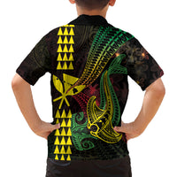 Hawaii Kakau Hammerhead Shark Family Matching Off The Shoulder Long Sleeve Dress and Hawaiian Shirt Neon Plumeria Pattern LT01 - Polynesian Pride