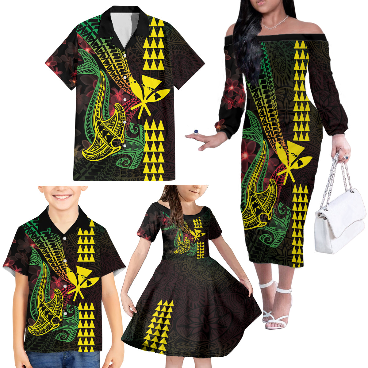 Hawaii Kakau Hammerhead Shark Family Matching Off The Shoulder Long Sleeve Dress and Hawaiian Shirt Neon Plumeria Pattern LT01 - Polynesian Pride