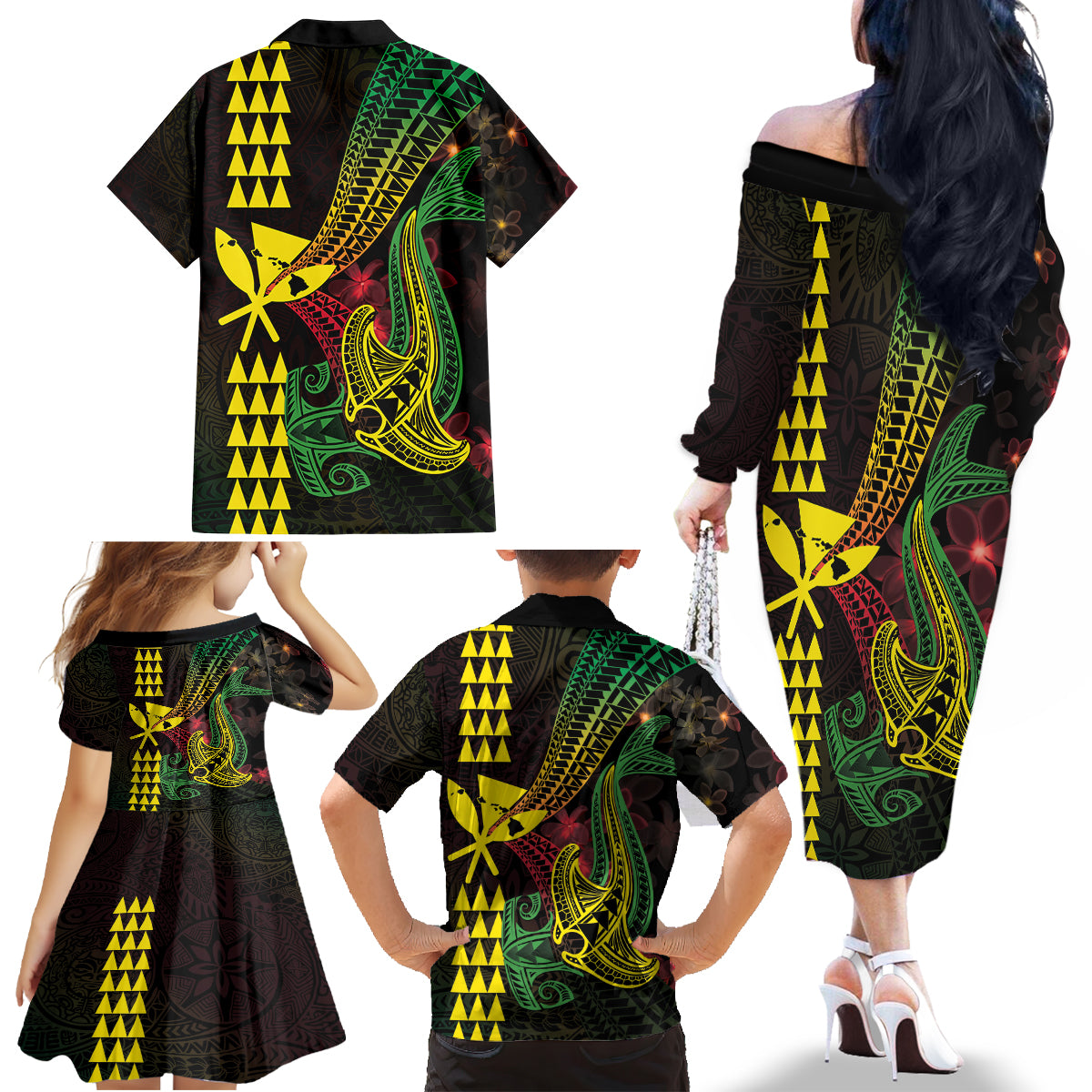 Hawaii Kakau Hammerhead Shark Family Matching Off The Shoulder Long Sleeve Dress and Hawaiian Shirt Neon Plumeria Pattern LT01 - Polynesian Pride