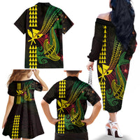Hawaii Kakau Hammerhead Shark Family Matching Off The Shoulder Long Sleeve Dress and Hawaiian Shirt Neon Plumeria Pattern LT01 - Polynesian Pride