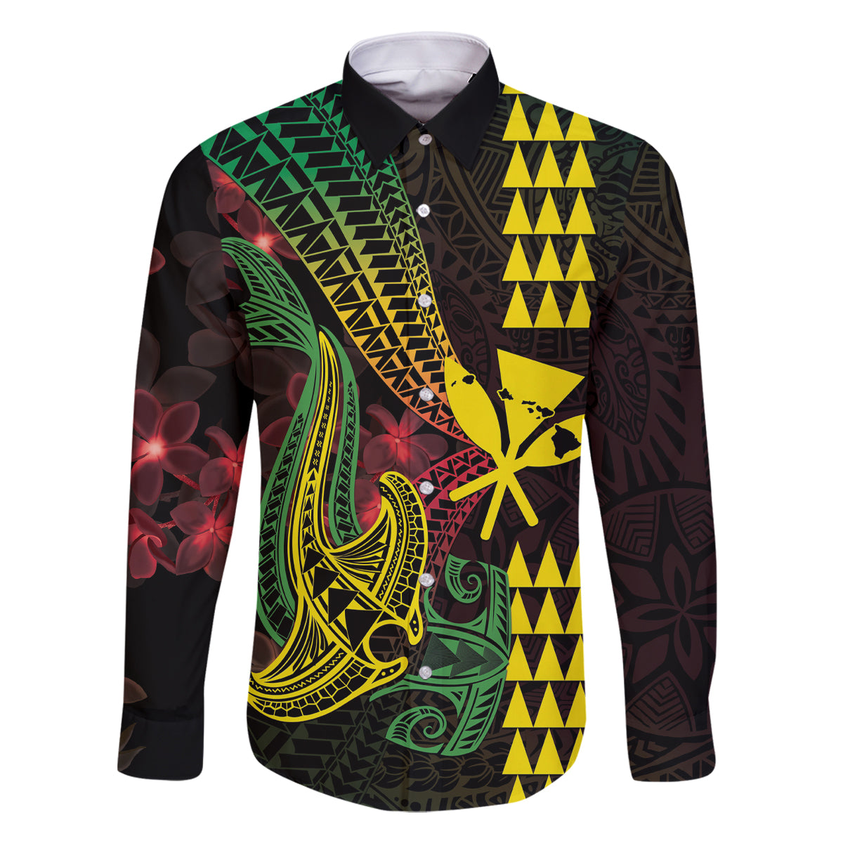 Hawaii Kakau Hammerhead Shark Family Matching Off The Shoulder Long Sleeve Dress and Hawaiian Shirt Neon Plumeria Pattern LT01 Dad's Shirt - Long Sleeve Black - Polynesian Pride