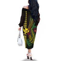 Hawaii Kakau Hammerhead Shark Family Matching Off The Shoulder Long Sleeve Dress and Hawaiian Shirt Neon Plumeria Pattern LT01 - Polynesian Pride