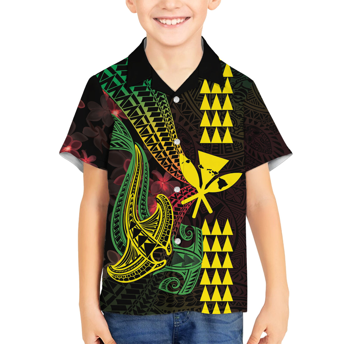 Hawaii Kakau Hammerhead Shark Family Matching Off The Shoulder Long Sleeve Dress and Hawaiian Shirt Neon Plumeria Pattern LT01 Son's Shirt Black - Polynesian Pride