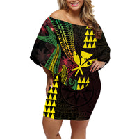 Hawaii Kakau Hammerhead Shark Family Matching Off Shoulder Short Dress and Hawaiian Shirt Neon Plumeria Pattern