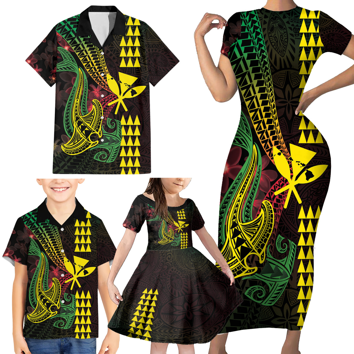 Hawaii Kakau Hammerhead Shark Family Matching Short Sleeve Bodycon Dress and Hawaiian Shirt Neon Plumeria Pattern LT01 - Polynesian Pride