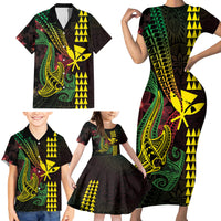 Hawaii Kakau Hammerhead Shark Family Matching Short Sleeve Bodycon Dress and Hawaiian Shirt Neon Plumeria Pattern LT01 - Polynesian Pride