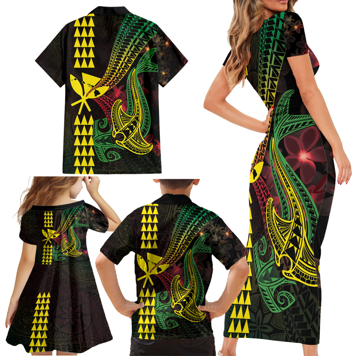 Hawaii Kakau Hammerhead Shark Family Matching Short Sleeve Bodycon Dress and Hawaiian Shirt Neon Plumeria Pattern LT01 - Polynesian Pride
