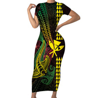 Hawaii Kakau Hammerhead Shark Family Matching Short Sleeve Bodycon Dress and Hawaiian Shirt Neon Plumeria Pattern LT01 Mom's Dress Black - Polynesian Pride