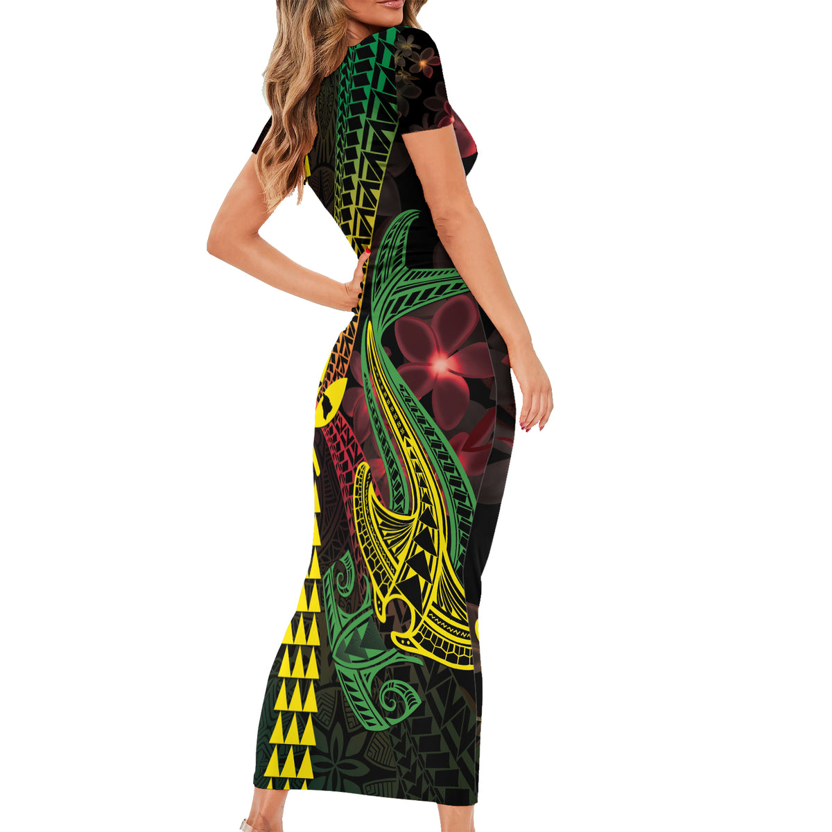 Hawaii Kakau Hammerhead Shark Family Matching Short Sleeve Bodycon Dress and Hawaiian Shirt Neon Plumeria Pattern LT01 - Polynesian Pride