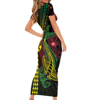 Hawaii Kakau Hammerhead Shark Family Matching Short Sleeve Bodycon Dress and Hawaiian Shirt Neon Plumeria Pattern LT01 - Polynesian Pride