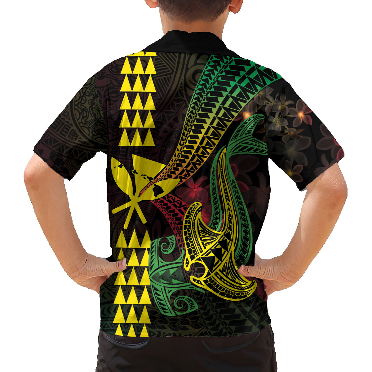 Hawaii Kakau Hammerhead Shark Family Matching Tank Maxi Dress and Hawaiian Shirt Neon Plumeria Pattern LT01 - Polynesian Pride