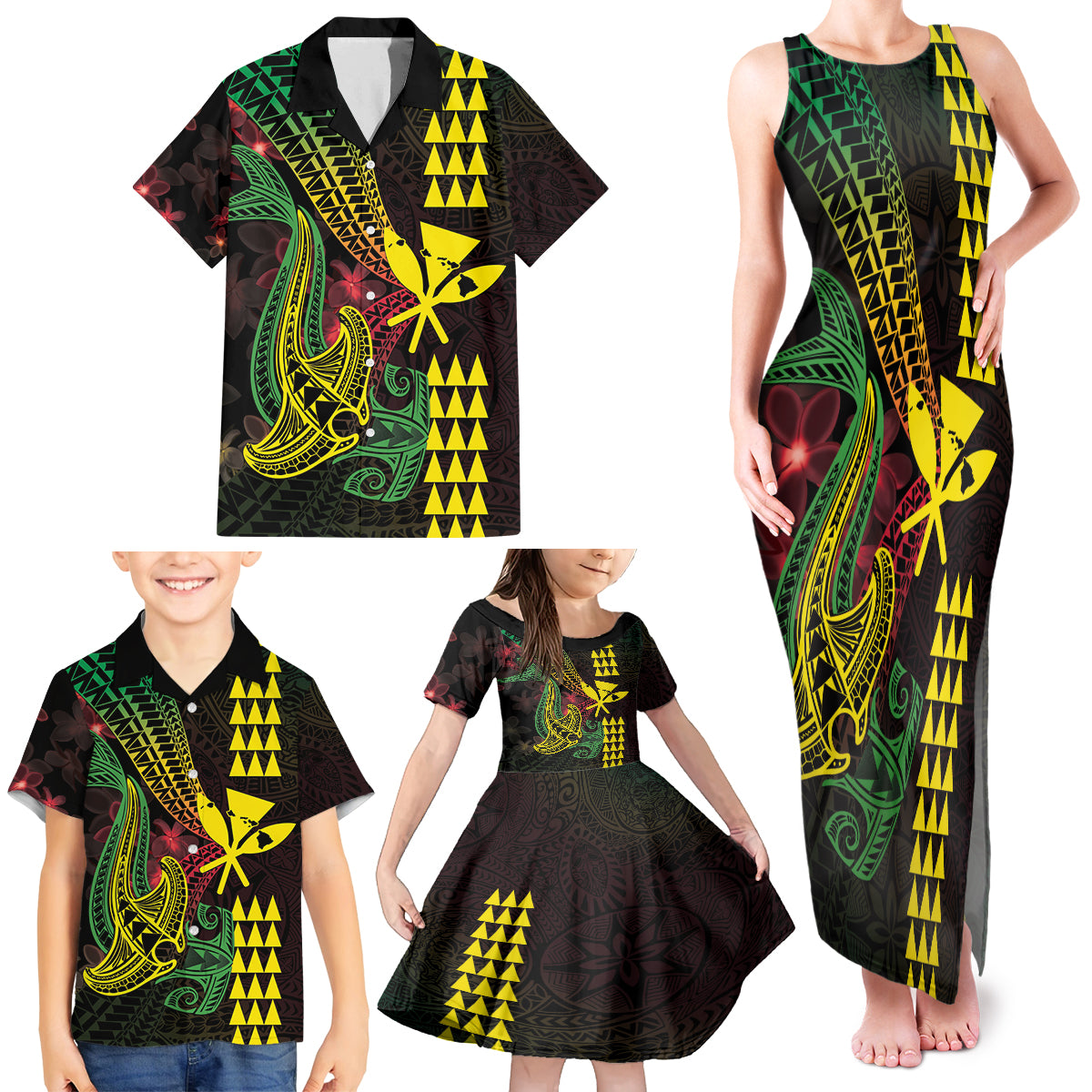 Hawaii Kakau Hammerhead Shark Family Matching Tank Maxi Dress and Hawaiian Shirt Neon Plumeria Pattern LT01 - Polynesian Pride