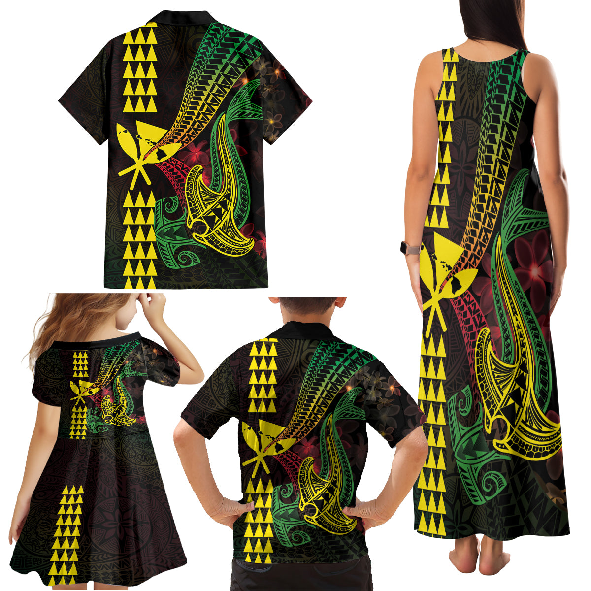 Hawaii Kakau Hammerhead Shark Family Matching Tank Maxi Dress and Hawaiian Shirt Neon Plumeria Pattern LT01 - Polynesian Pride