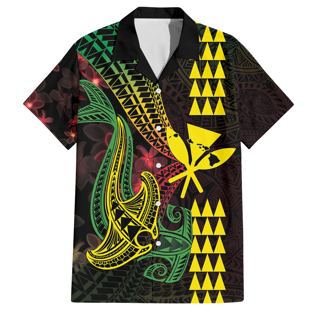Hawaii Kakau Hammerhead Shark Family Matching Tank Maxi Dress and Hawaiian Shirt Neon Plumeria Pattern LT01 Dad's Shirt - Short Sleeve Black - Polynesian Pride