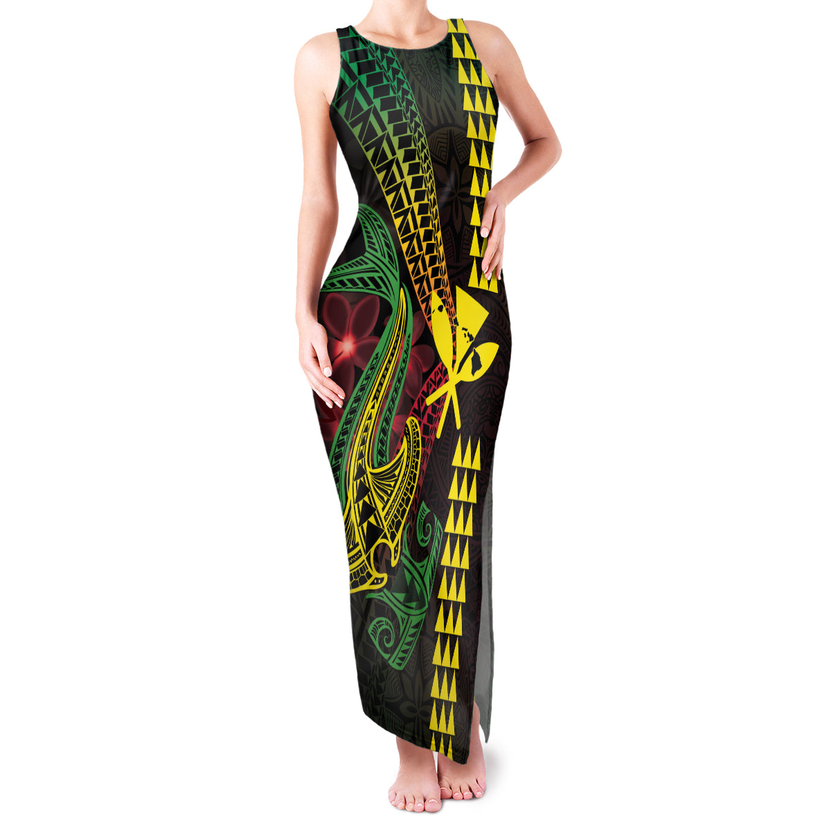 Hawaii Kakau Hammerhead Shark Family Matching Tank Maxi Dress and Hawaiian Shirt Neon Plumeria Pattern LT01 Mom's Dress Black - Polynesian Pride