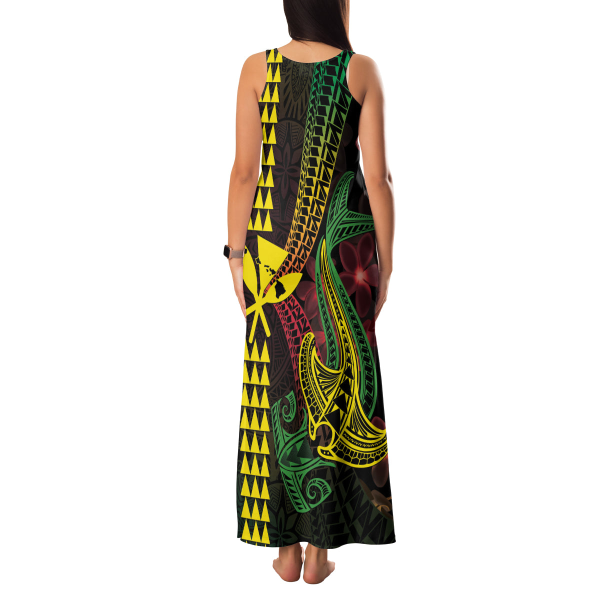Hawaii Kakau Hammerhead Shark Family Matching Tank Maxi Dress and Hawaiian Shirt Neon Plumeria Pattern LT01 - Polynesian Pride