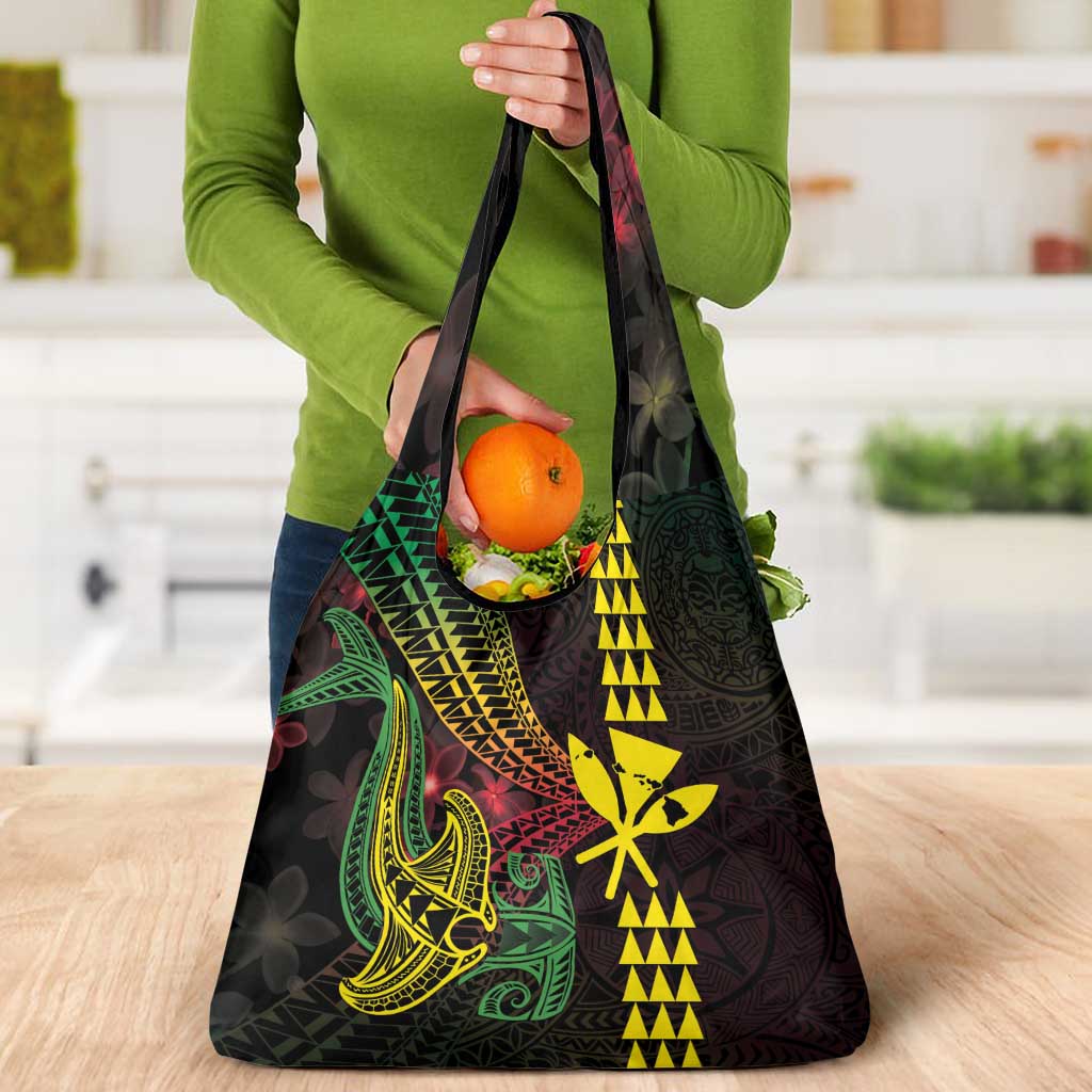 Hawaii Kakau Hammerhead Shark Grocery Bag Neon Plumeria Pattern