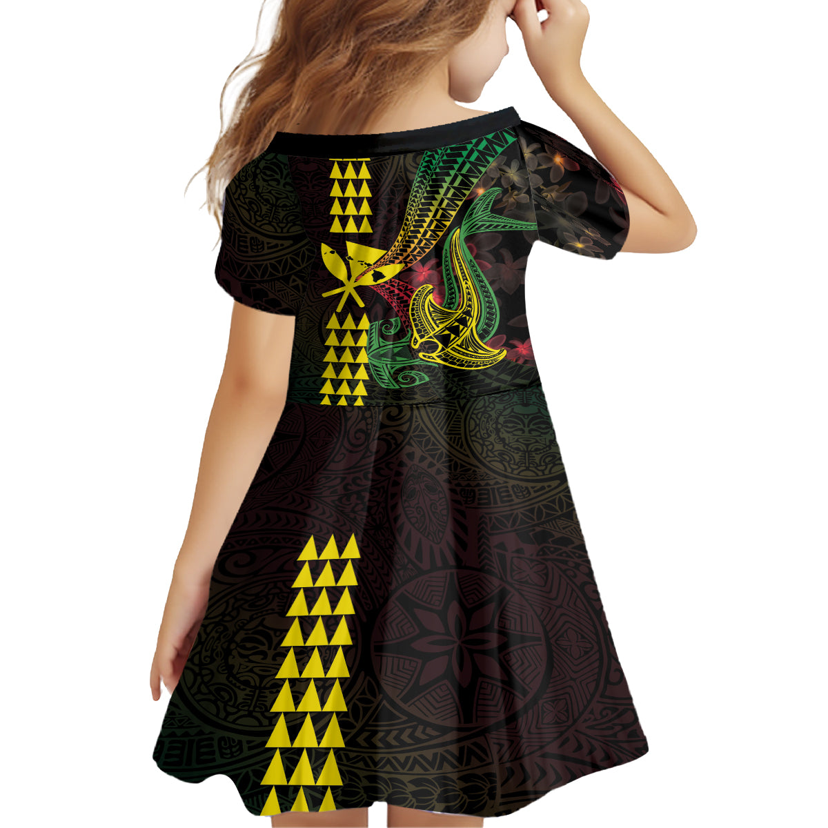 Hawaii Kakau Hammerhead Shark Kid Short Sleeve Dress Neon Plumeria Pattern