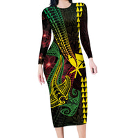 Hawaii Kakau Hammerhead Shark Long Sleeve Bodycon Dress Neon Plumeria Pattern LT01 Long Dress Black - Polynesian Pride