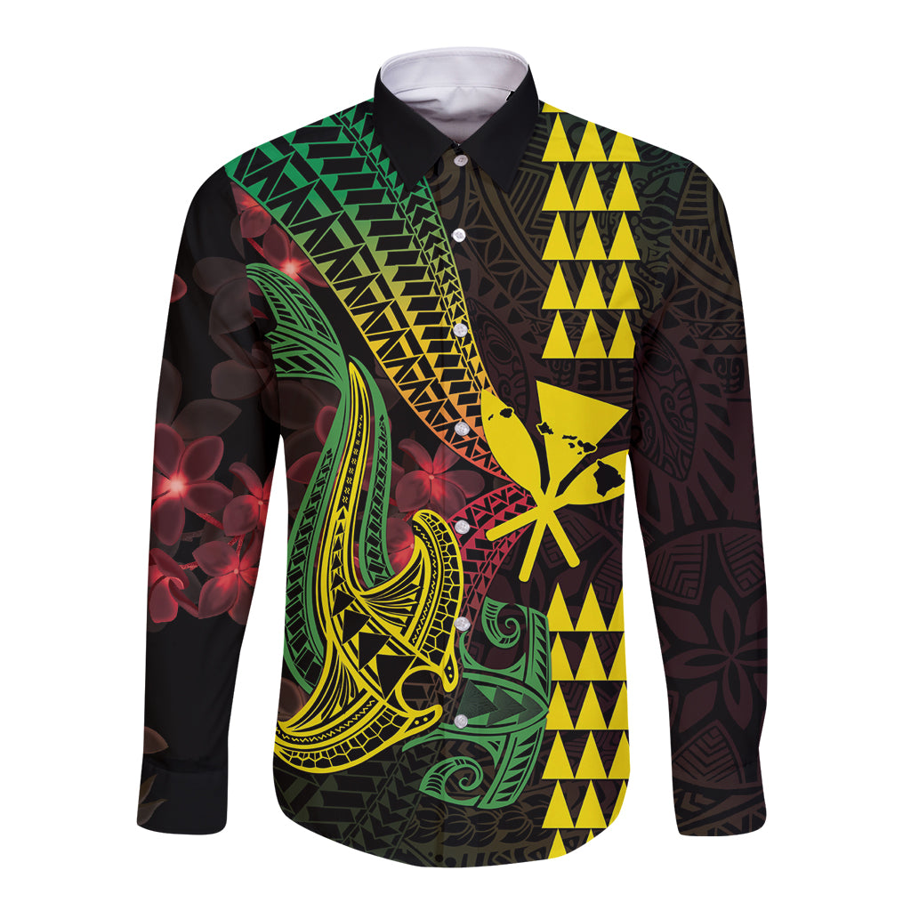 Hawaii Kakau Hammerhead Shark Long Sleeve Button Shirt Neon Plumeria Pattern LT01 Unisex Black - Polynesian Pride