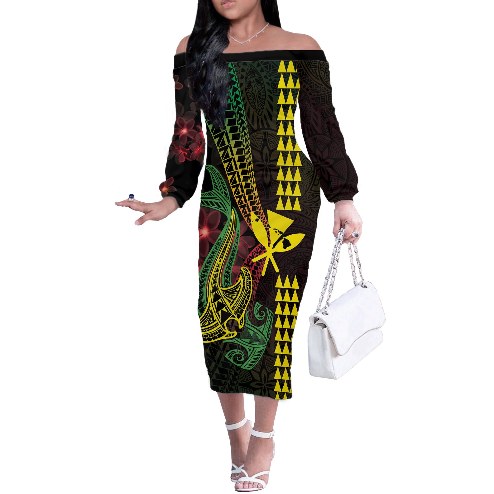 Hawaii Kakau Hammerhead Shark Off The Shoulder Long Sleeve Dress Neon Plumeria Pattern LT01 Women Black - Polynesian Pride