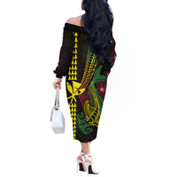 Hawaii Kakau Hammerhead Shark Off The Shoulder Long Sleeve Dress Neon Plumeria Pattern LT01 - Polynesian Pride
