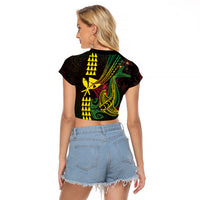 Hawaii Kakau Hammerhead Shark Raglan Cropped T Shirt Neon Plumeria Pattern
