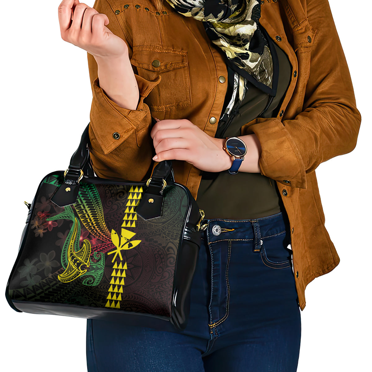 Hawaii Kakau Hammerhead Shark Shoulder Handbag Neon Plumeria Pattern