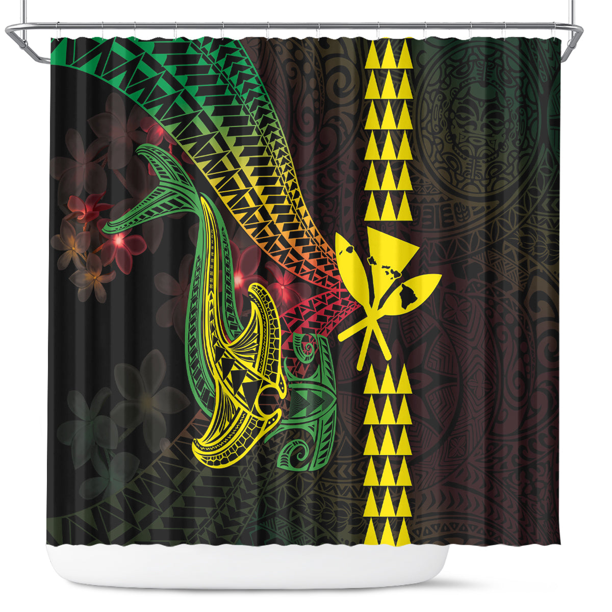 Hawaii Kakau Hammerhead Shark Shower Curtain Neon Plumeria Pattern LT01 Black - Polynesian Pride