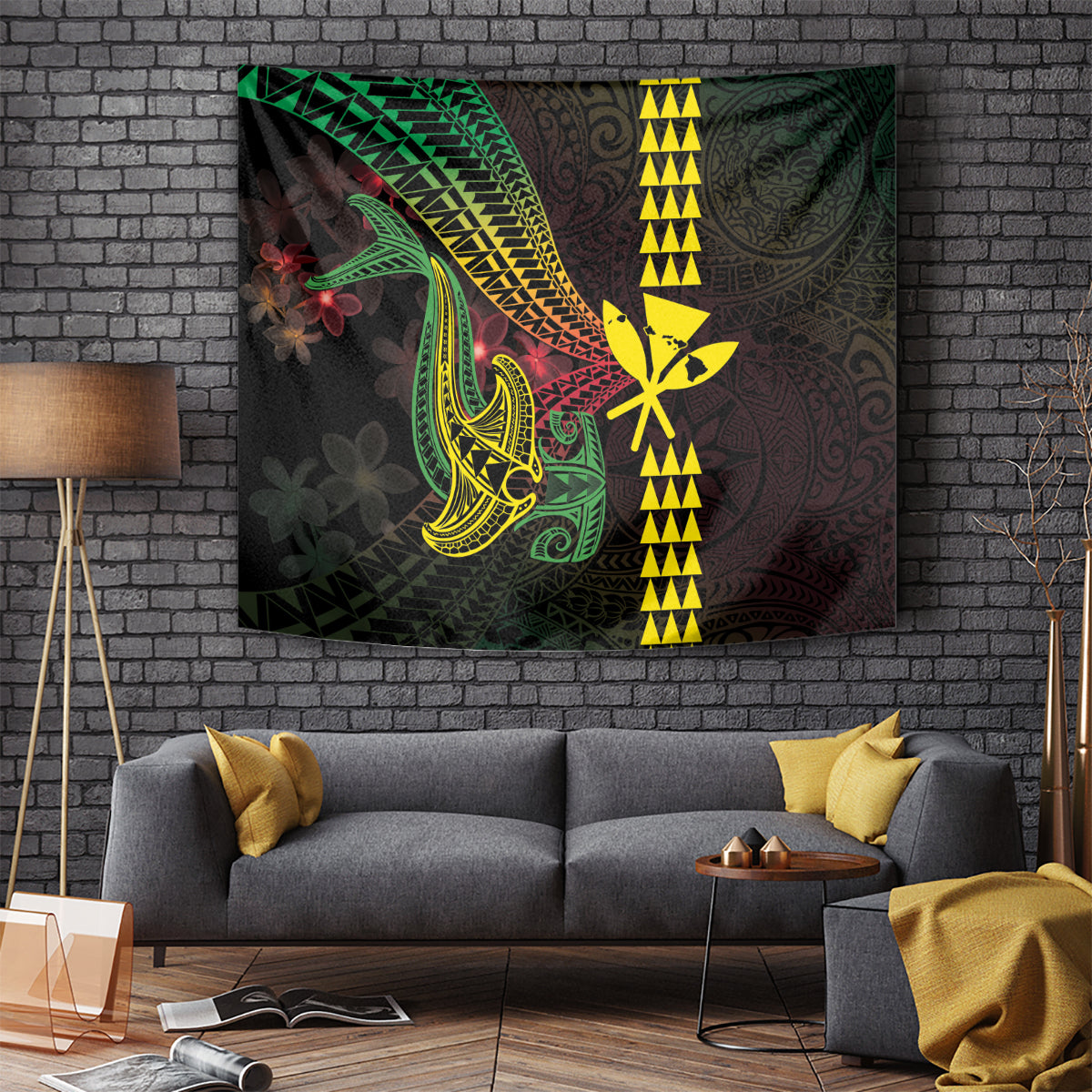 Hawaii Kakau Hammerhead Shark Tapestry Neon Plumeria Pattern