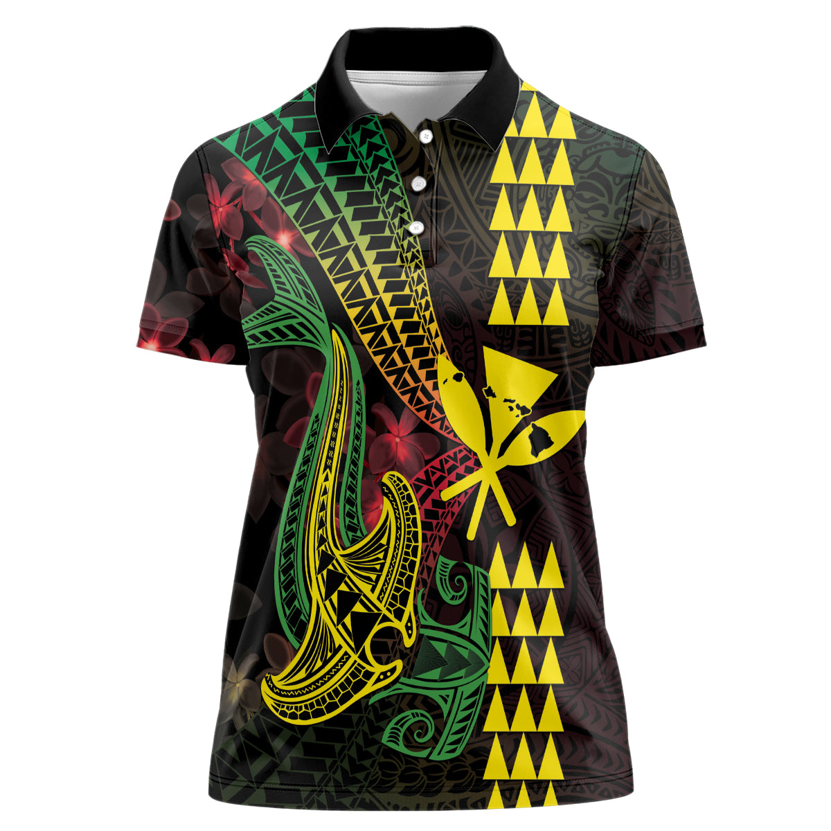 Hawaii Kakau Hammerhead Shark Women Polo Shirt Neon Plumeria Pattern LT01 Female Black - Polynesian Pride